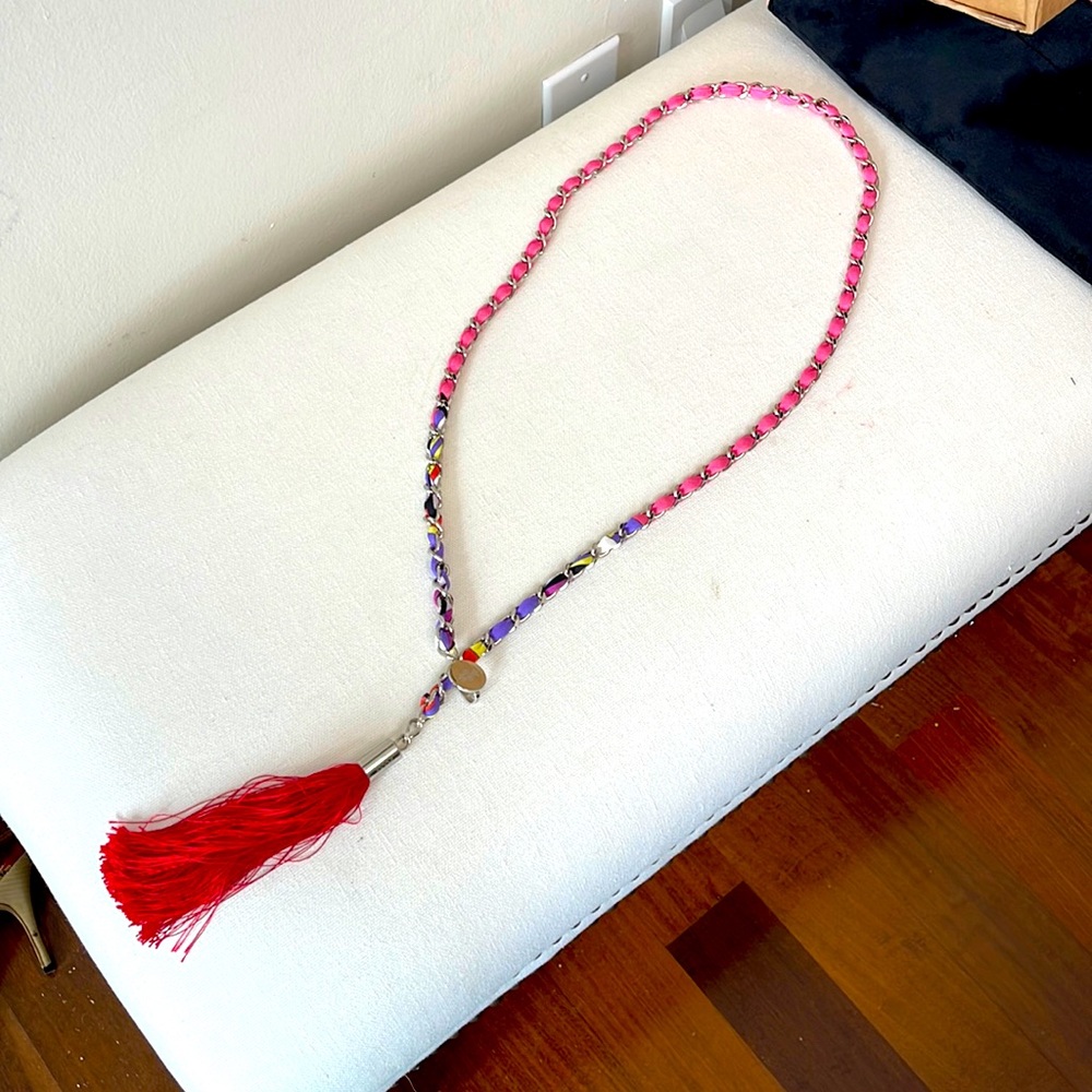 Emilio Pucci multi belt in pink with classic multi color front, logo.red fringe